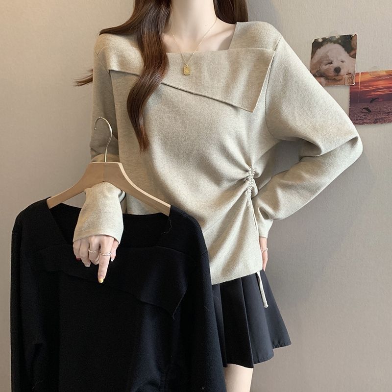 Plus-Size Irregular Drawstring Square-Neck Long-Sleeve T-Shirt for Women, New Spring/Autumn Style, Loose Fit, Slimming, Covers the Body, for Curvy Women Plus-Size Irregular Drawstring Square-Neck Long-Sleeve T-Shirt for Women, New Spring/Autumn Style, Loose Fit, Slimming, Covers the Body, for Curvy Women