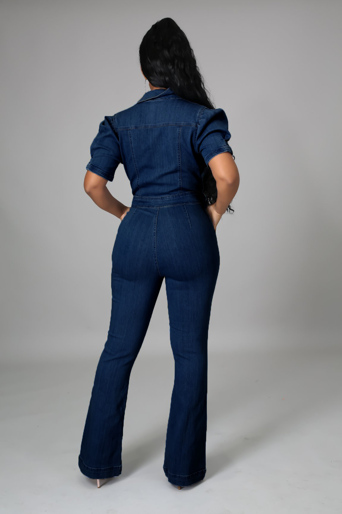 Lapel Zipper Stitching Short Sleeve Denim Jumpsuit NSMRF116722