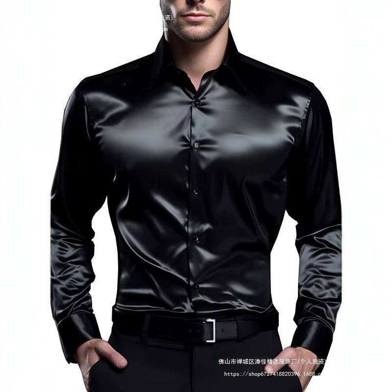 Men's Satin Luxury Dress Shirt, Fashionable Silk Smooth Men's Tailless Dress Shirt, Solid Color for Weddings and Parties
