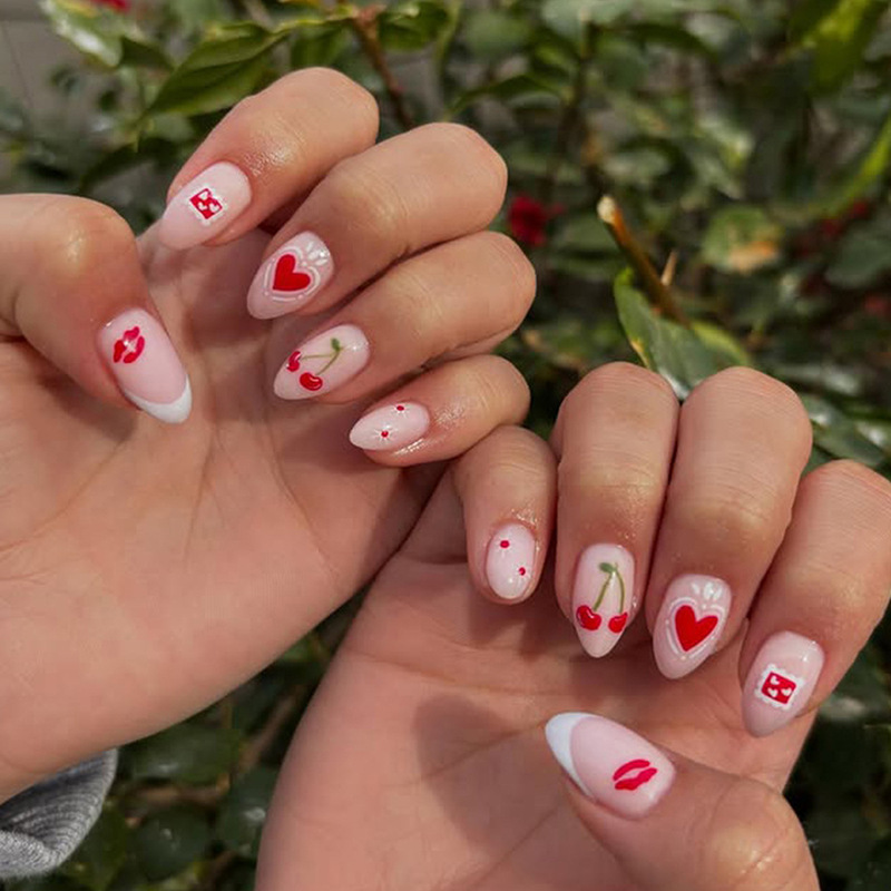 Cross-Border Valentine's Day Short Oval French Heart Cherry Fake Nails Wearable Press-On Nails 24 Pieces