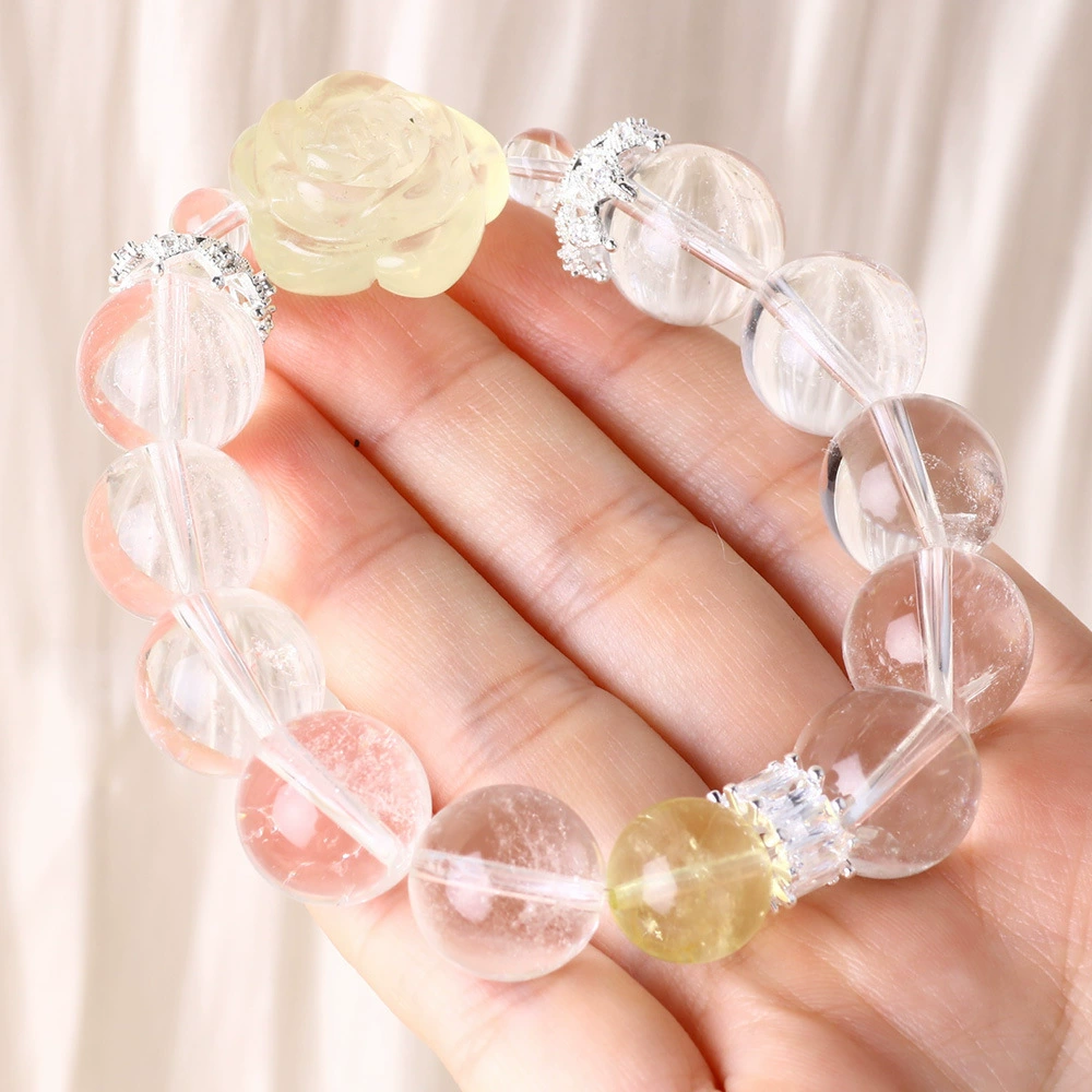 [Цитриновая роза] Браслет с белыми кристаллами Модный браслет с чистой и безупречной резной поверхностью из цитриновой розы