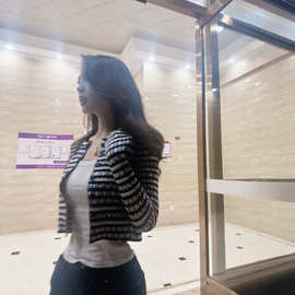 法式小香风条纹针织开衫女春秋新款辣妹气质短款毛衣外套长袖上衣