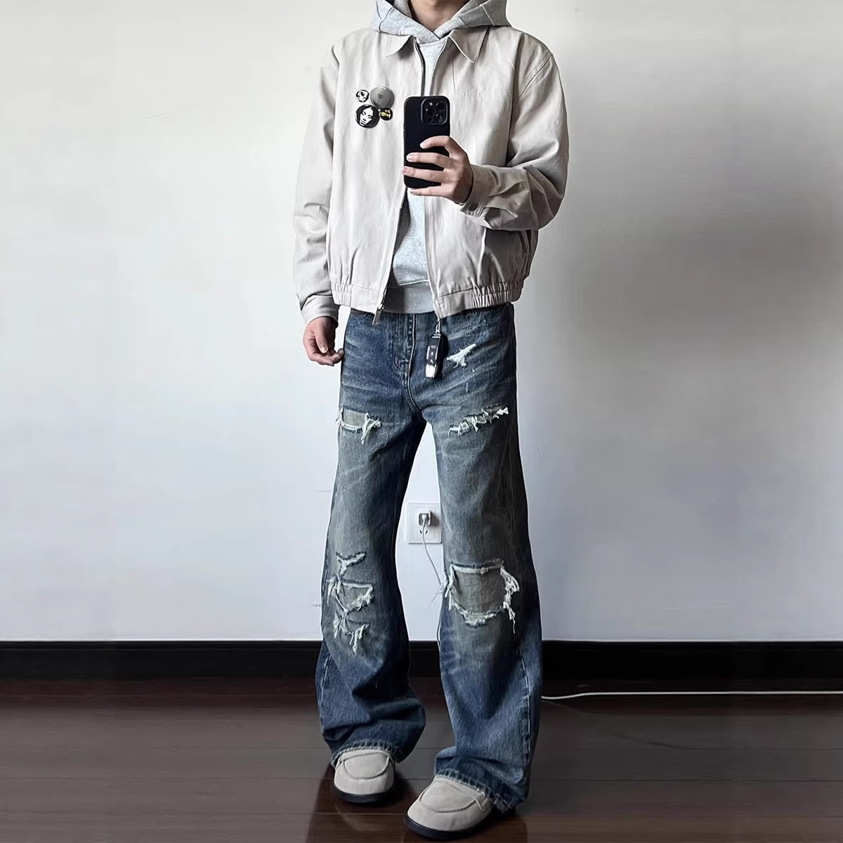 Men's Distressed Washed Denim Jeans With Rip & Frayed Details, Loose Fit Straight Leg Pants, Vintage Streetwear Style For Casual Wear_mkmklike.com