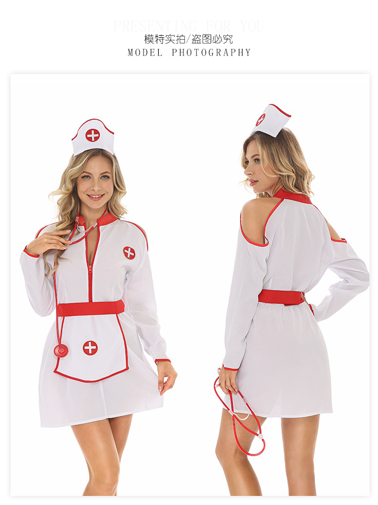 زي ممرضة Sexy Nurse ملابس الألعاب الأوروبية والأمريكية ليلة حفلة المسرح فستان ممرزة ممرضة بيضاء display picture 2