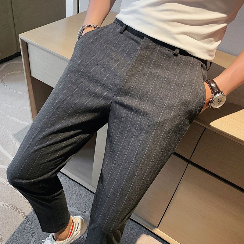休闲西裤男高级感春夏新修身小脚条纹垂感九分西装裤商务正装裤子