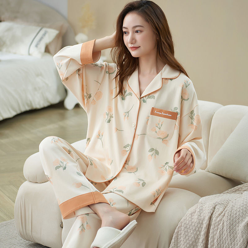Pajamas Women's Spring and Autumn Cotton 100 Long Sleeve Cartoon suit Korean-style Layup Autumn Women's plus size 5XL