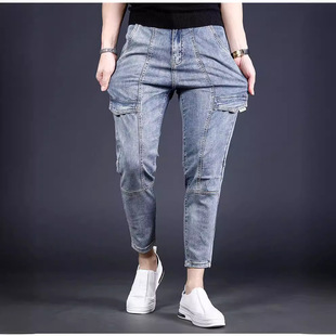 2024 Spring and Autumn new fashion stitching personalized slim stretch jeans men's skinny all-match workwear cropped pants