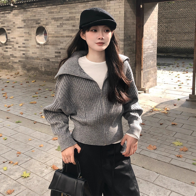 25 Autumn and Winter New Zipper Lapel Standard Fit Rib Knit Jacket Women's Advanced Lazy Wool Blended Sweater 25 Autumn and Winter New Zipper Lapel Standard Fit Rib Knit Jacket Women's Advanced Lazy Wool Blended Sweater