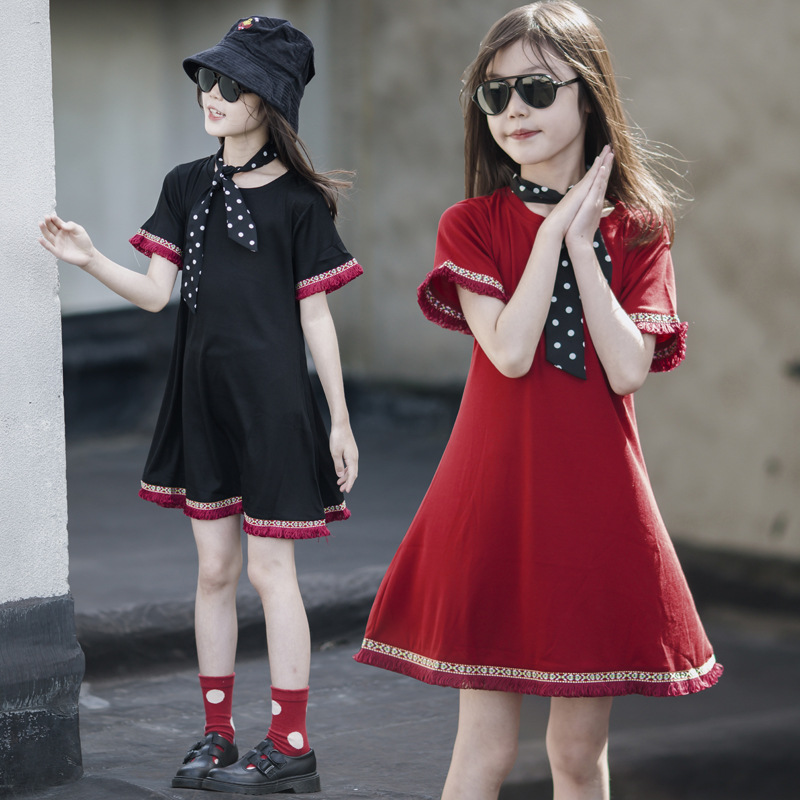 Falda de estilo étnico para niños Vestido de niña simple Verano 2024 Nueva falda de manga corta para niña de estilo occidental Verano