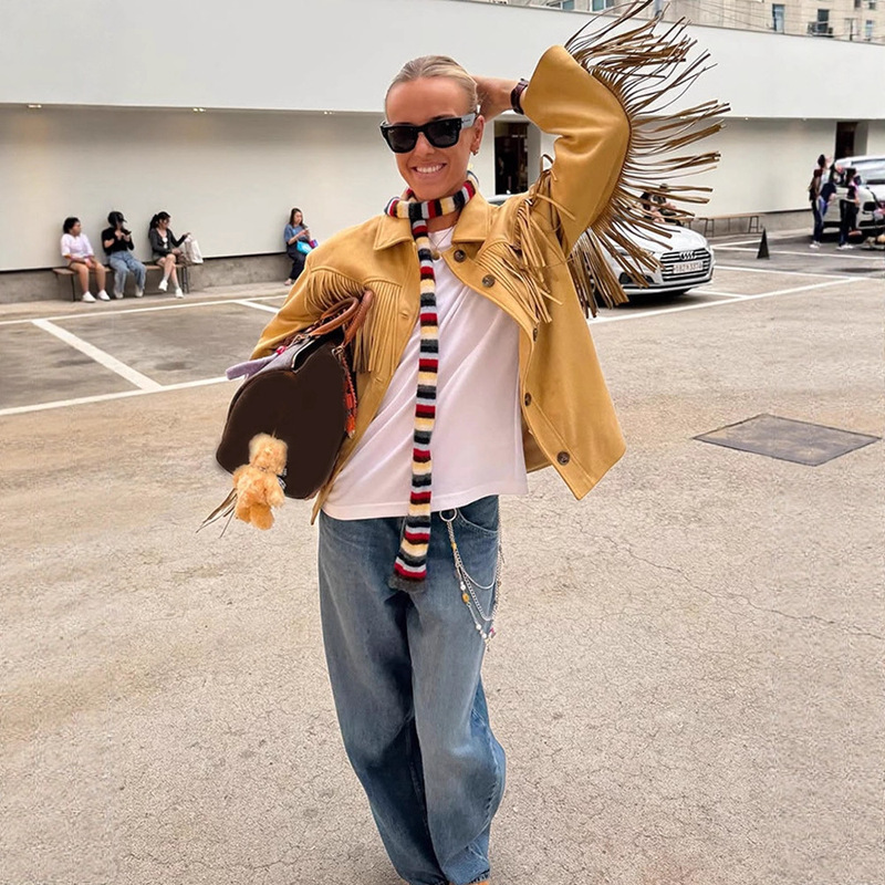 Fashionable Eye-Catching Personality Lapel Tassel Suede Jacket Lapel Coat for Women 2025 Autumn and Winter New Cross-Border European and American Style Fashionable Eye-Catching Personality Lapel Tassel Suede Jacket Lapel Coat for Women 2025 Autumn and Winter New Cross-Border European and American Style