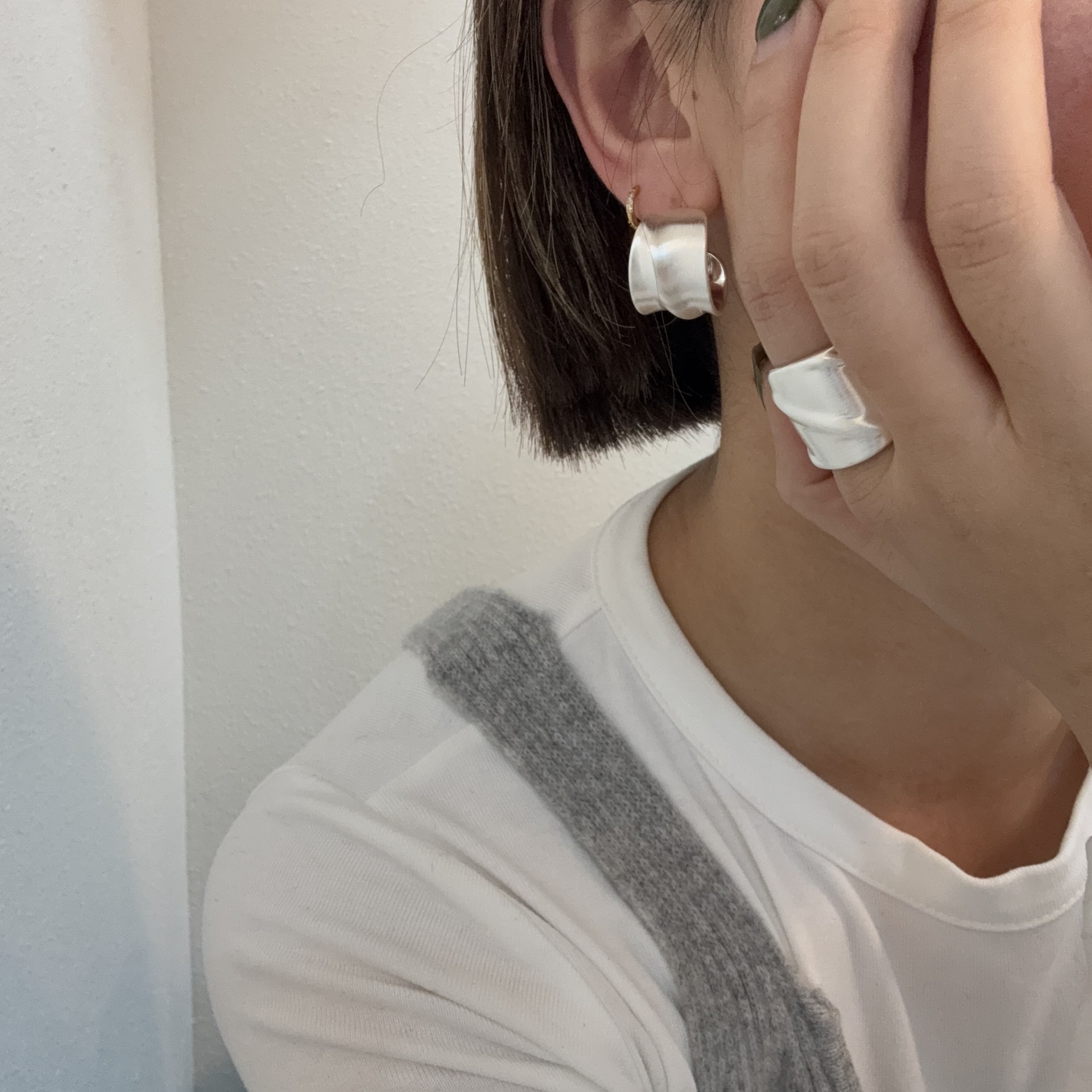 925銀針個性寬面銀拉絲耳圈小眾冷淡風拉絲戒指設計感跨境耳環新