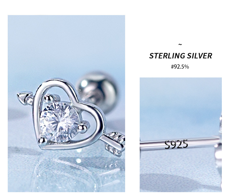 Simple Style Heart Shape Silver Plating Inlay Zircon Ear Studs 1 Pair