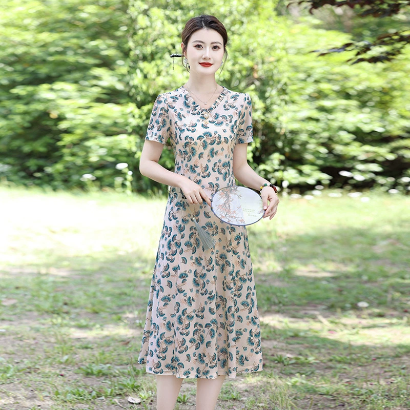 2025 новое платье с короткими рукавами, модное новое платье с цветочным принтом, большой размер, юбка средней длины, закрывающая живот, для похудения