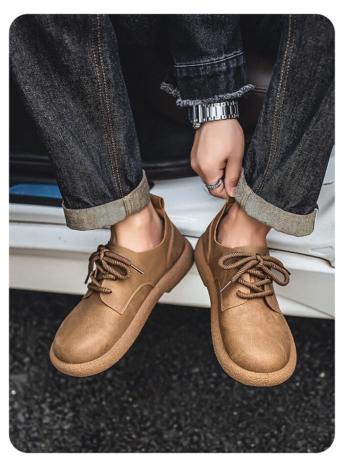 Giày da nam cổ thấp kiểu Martin phong cách retro, đế mềm chống thấm nước, form rộng cỡ lớn — Kaki, màu nâu, màu đen chi tiết 13