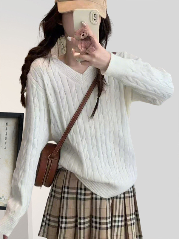 秋冬韩系穿搭V领麻花款女装软糯内搭针织衫慵懒风上衣女时尚显瘦|undefined