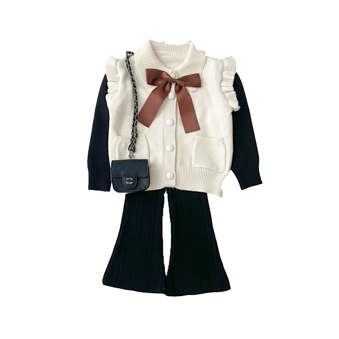 JINYONG Girls' Sweater New Fashionable Long sleeved Western Knitted Top Flare Pants Children's Two Piece Set_voghion.com