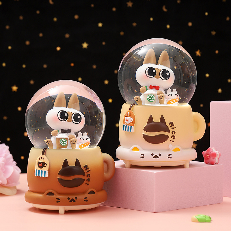 Cartoon Teacup Kitten Glowing Crystal Ball Music Box Creative Music Box Decoration Gift for Students Birthday Gift