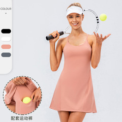 Naked strap yoga tennis skirt elastic quick-drying golf sports skirt pocket anti-exposure fitness two-piece suit