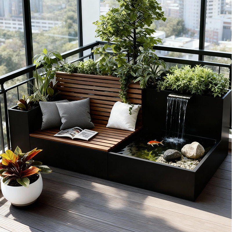 Aluminum alloy garden flower bed, fish pond, and bench set, suitable for balconies and patios, featuring a flowing water landscape, tiered waterfall, fish tank, and flower box