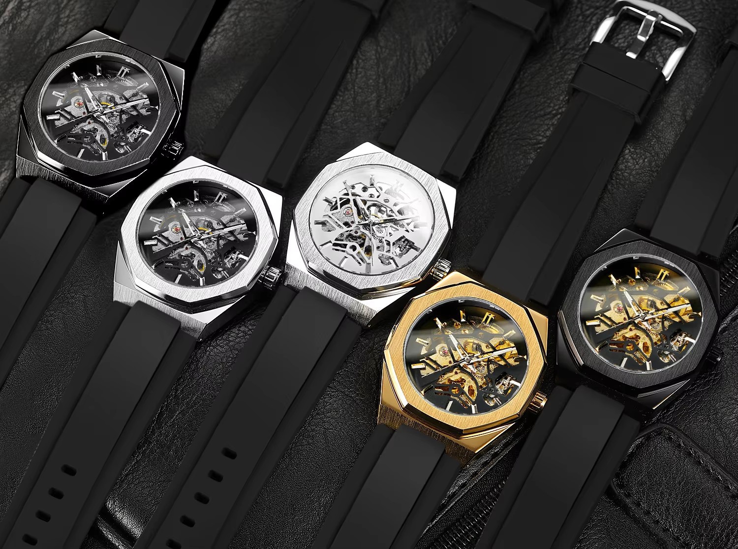 Men's Mechanical Skeleton Watch Silver Automatic Rubber Strap_voghion.com