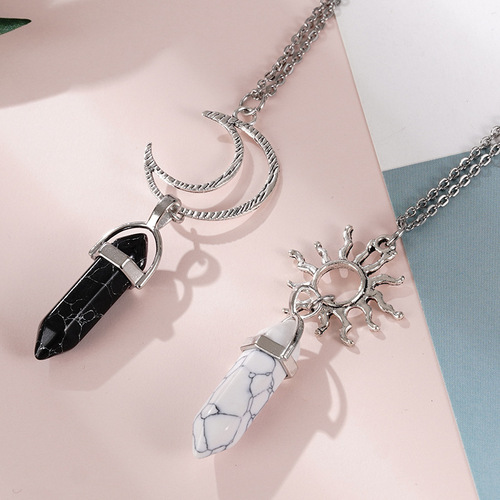 2 packs of new European and American cross-border retro sun and moon natural stone hexagonal column crystal couple jewelry necklaces