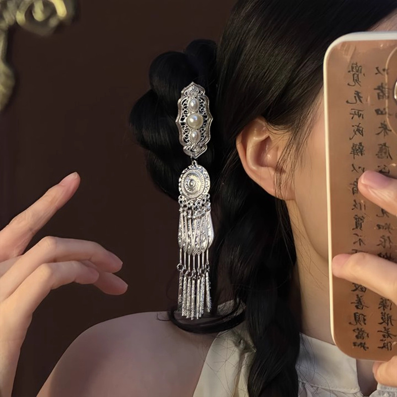 【苗韵银铃】新中式发夹女流苏步摇边夹发卡古风汉服头饰民族发饰|undefined