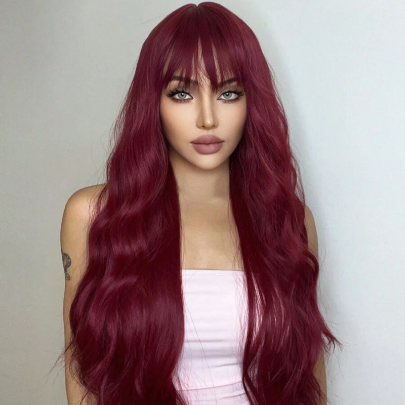 Estilo europeo y americano Cosplay pequeño rizado flequillo Rosa rojo largo pelo rizado onda grande cabeza completa cubierta realista Peluca de las mujeres