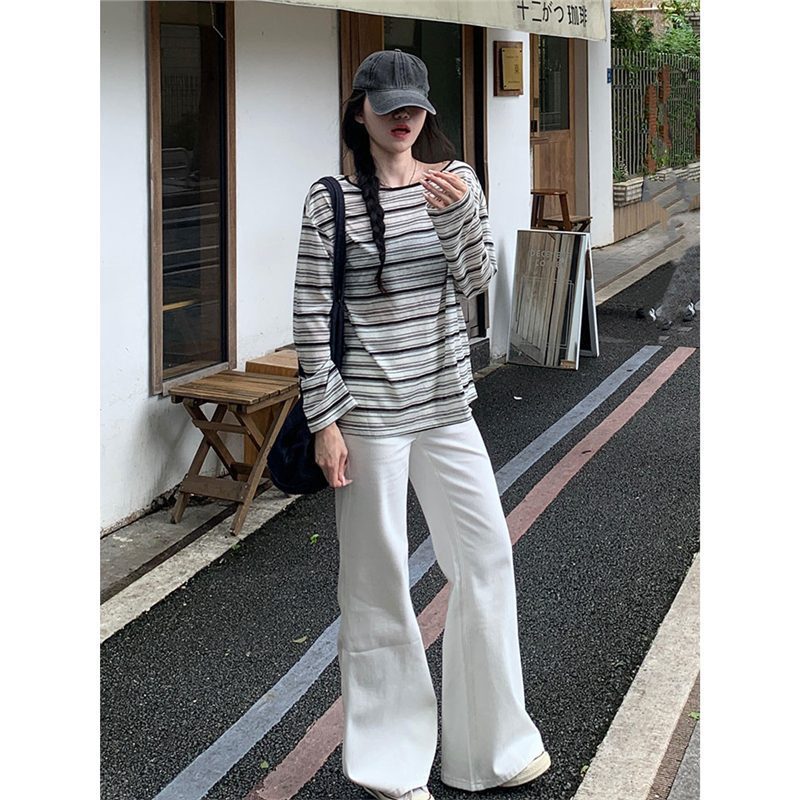 原版贝壳棉韩系小众设计感条纹长袖T恤女秋宽松复古拼色显瘦上衣|undefined