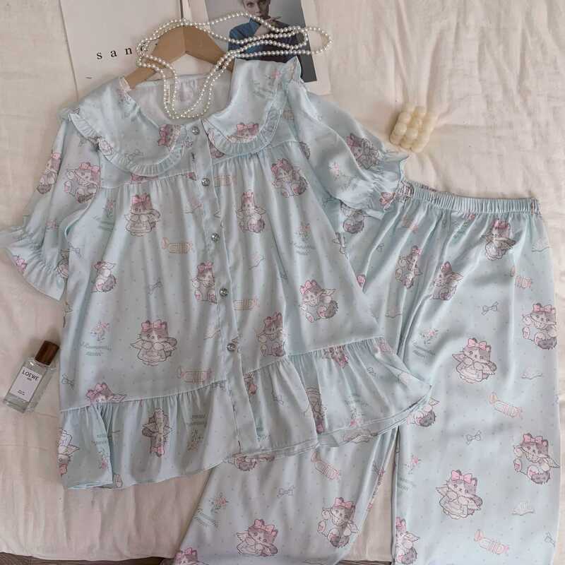 [Angel Kitty] Summer Short-Sleeved Long-Pants Pajamas with Cartoon Kitty Doll Collar, Cute Age-Reducing Home Wear Silk