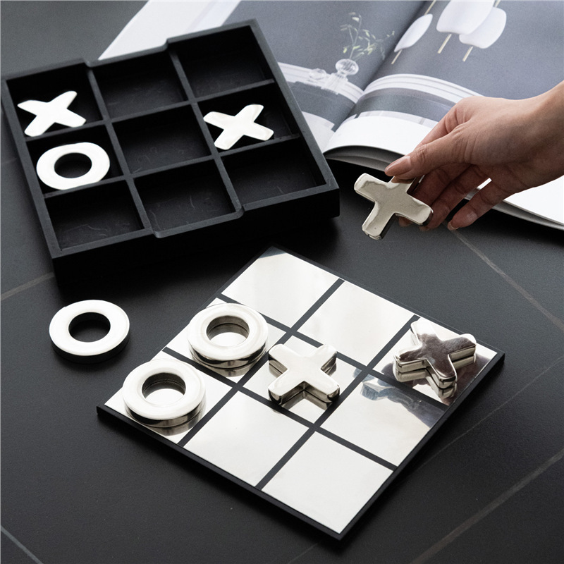 Indian Light Luxury Pure Handmade Black and Silver Chess Board Ornament, Classic Ox Tic-Tac-Toe Board, Minimalist Design, Creative Home Decoration