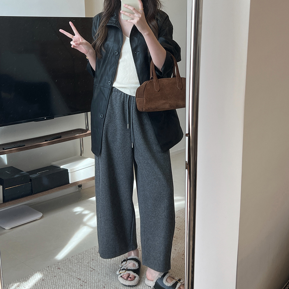 毛呢企鹅阔腿裤女2025秋冬新款韩版时尚百搭松紧腰显瘦直筒九分裤