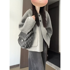 灰色双面羊绒毛呢西装外套女秋冬加厚羊毛小个子双面呢子短款大衣