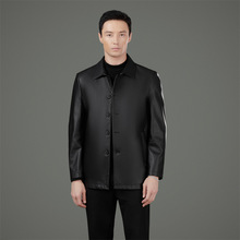 新款海宁时尚皮衣男纽扣款翻领中年爸爸皮上衣秋季休闲绵羊皮外套