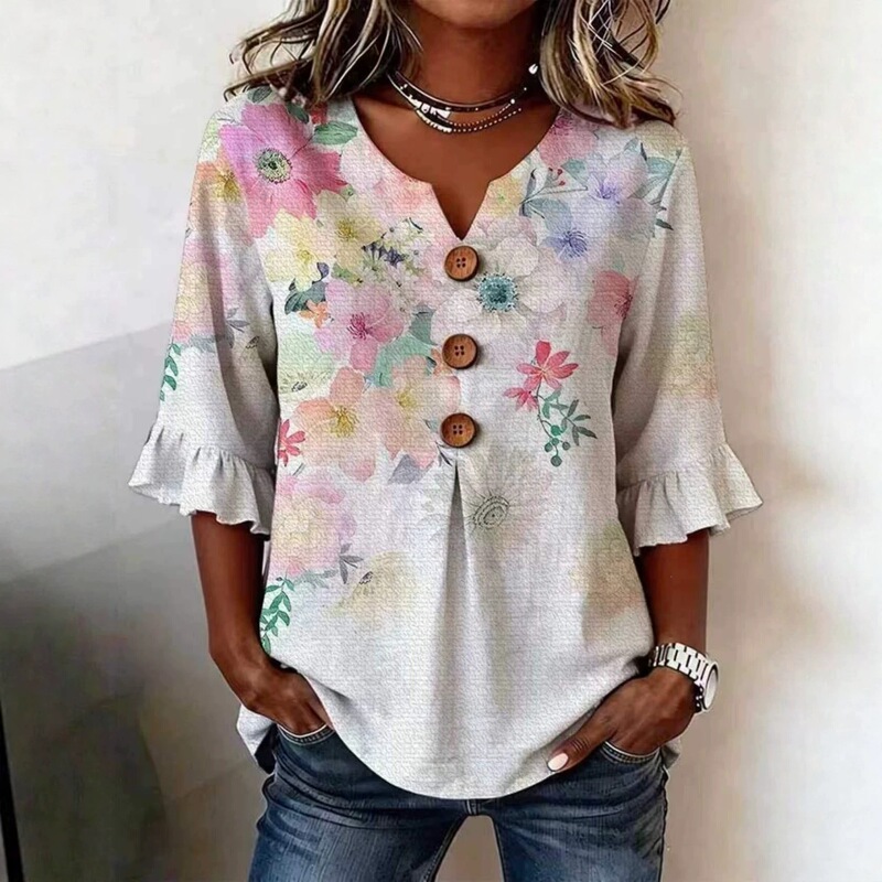 New Cross-Border Women's Clothing European and American Style Printed Women's Bell-Sleeve Shirt Halloween V-Neck Mid-Length Sleeve Shirt T-Shirt