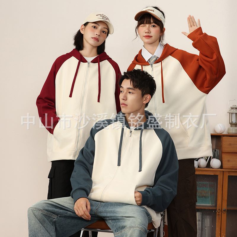 아메리칸 레트로 루즈 스포츠 스웨트 셔츠 라글란 컬러 블록 후드 캐주얼 재킷 그룹 후드 작업복 로고 프린트
