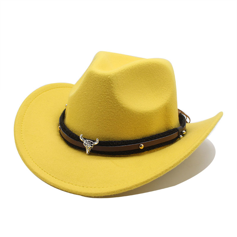 Étiquette tête de taureau en métal, Cowboy occidental, chapeau haut-de-forme en feutre de laine pour hommes et femmes, offre spéciale, automne et hiver_voghion.com
