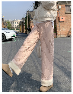 Sweet Girl Style Cotton Pants Women's Winter fleece-lined Thickened Warm Fleece Stitching High Waist Straight Casual Windproof Wide Leg Pants