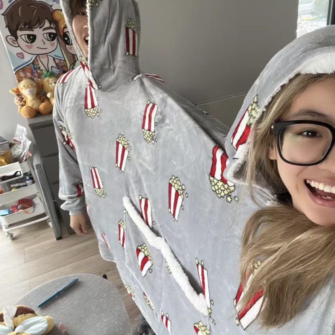 双人薯条情侣家居服灰色穿戴毯法兰绒套头衫保暖柔软连帽衫圣诞节
