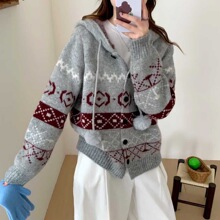 欧货波普织花软糯毛衣秋冬新款韩系宽松连帽针织开衫上衣外套