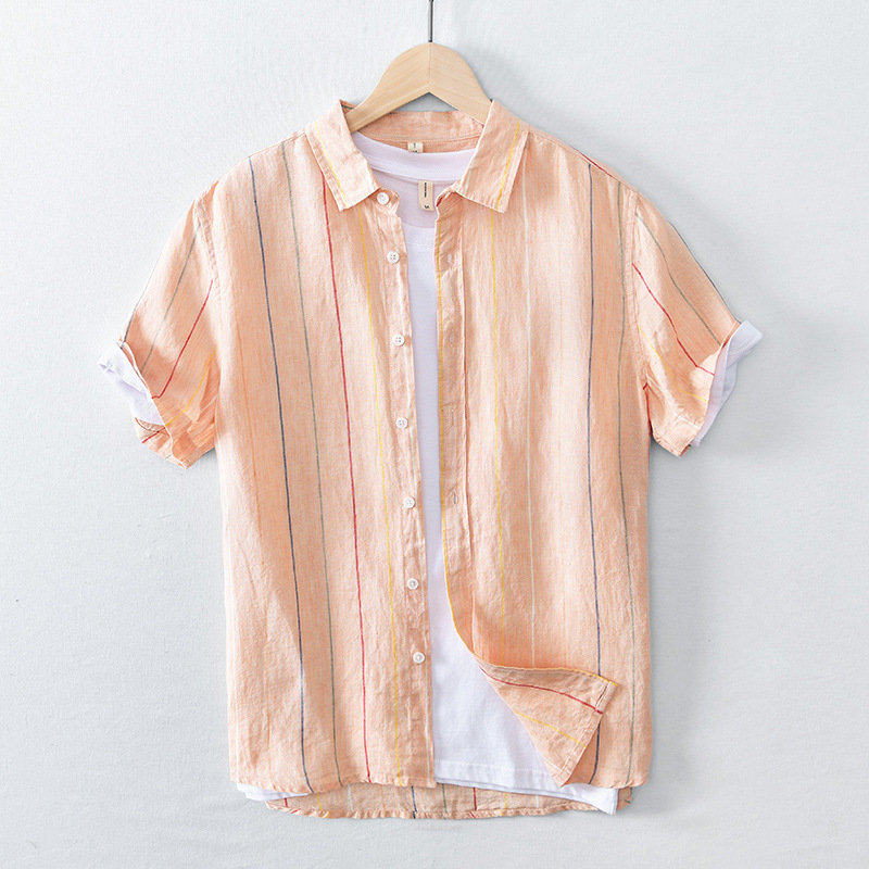 New Summer Linen Casual Striped Men's Short-Sleeved Shirt Small Fresh Color Striped Linen Shirt Thin Breathable Dropshipping New Summer Linen Casual Striped Men's Short-Sleeved Shirt Small Fresh Color Striped Linen Shirt Thin Breathable Dropshipping