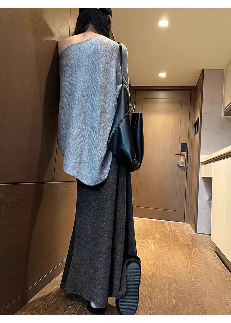 ​​Relaxed High-Waisted Wool-Blend Mermaid Maxi Skirt – Flowy A-Line Long Skirt With Stretchy Waist, Dark Grey/Black, One Size Fits Most​​_ecoleips.com