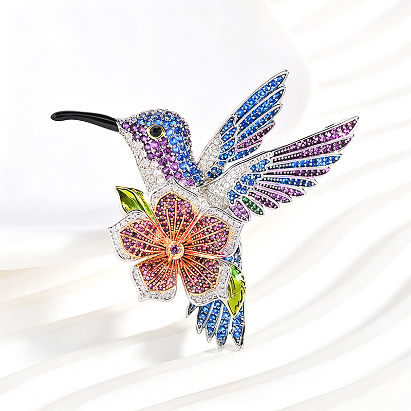 Enamel hummingbird flower brooch, European and American vintage full-diamond brooch, dress and suit accessory, available for one-piece drop shipping