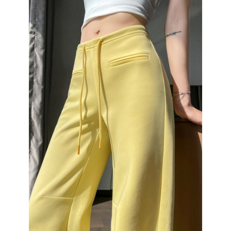 夏用女性用ミルクイエローマイクロフレアスポーツパンツ、ナローバージョンストレートシミターワイドレッグパンツ、リラックスドレープフロアレングスサザンパインパンツ|undefined