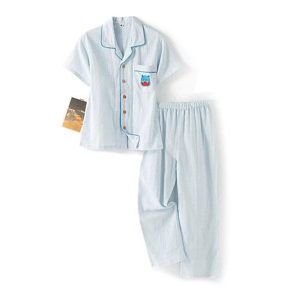 LZ3161 open plaid blue short-sleeved trousers suit