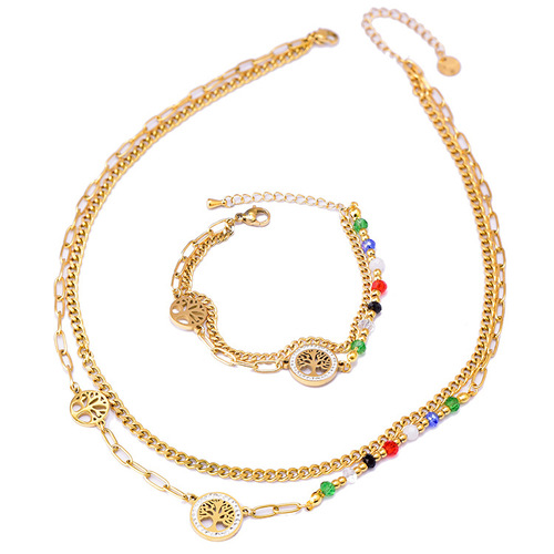 European and American cross-border bracelets colorful beads double-layer clavicle chain full of diamonds tree of life round pendant titanium steel bracelet necklace
