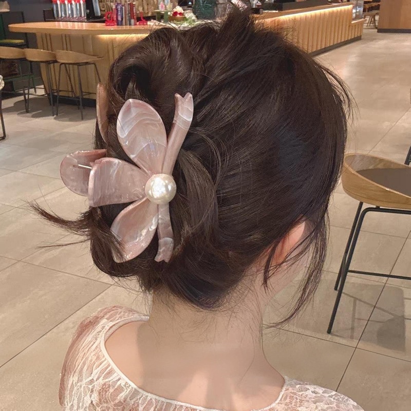 复古气质珍珠水墨花朵盘发鲨鱼夹抓夹女2025新款后脑勺盘发夹子|undefined
