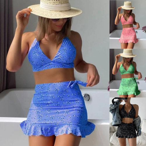 bikini 2024 halterneck V-neck skirt style split swimsuit three-piece set European and American halterneck beach bikini swimsuit