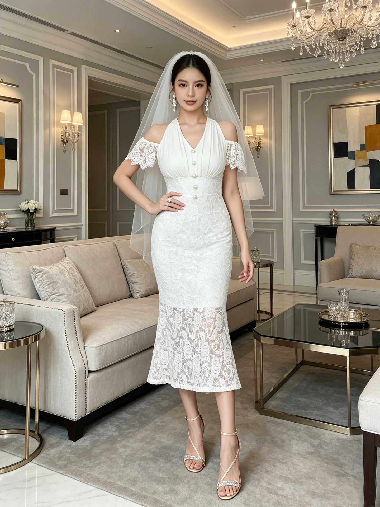 Đầm ren ôm body nữ cổ V tay lửng phong cách Pháp — màu mơ