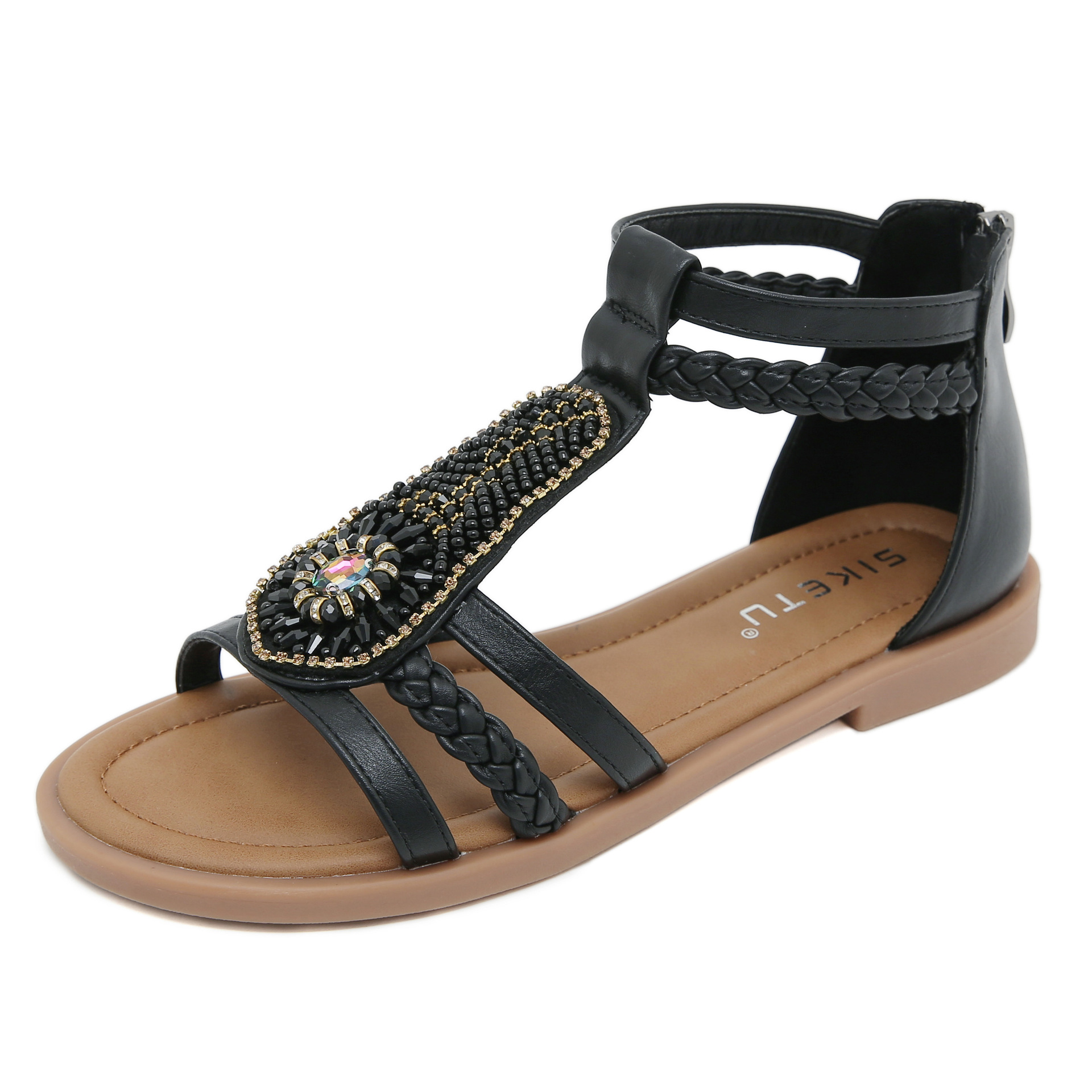 K9001 - 4 nuevas sandalias de verano de 2025 mujeres bohemia retro con cuentas zipper diamantes romanas sandalias de fondo plano