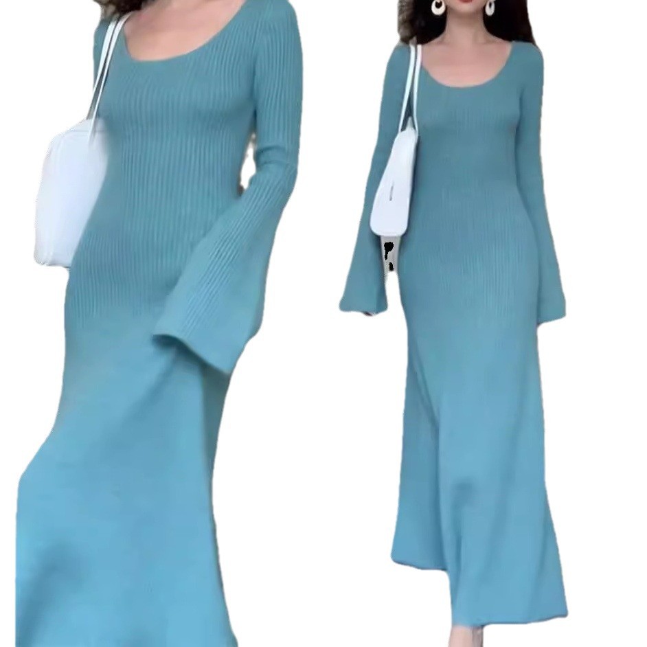 (2개) 프랑스 스타일 우아한 유행 긴 니트 원피스 여성의 가을과 겨울 하이 엔드 슈퍼 모양의 스웨터베이스 스커트